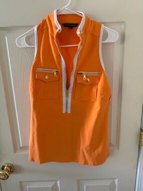 Boston Proper Orange Sleeveless Zip-Front Top with White Trim